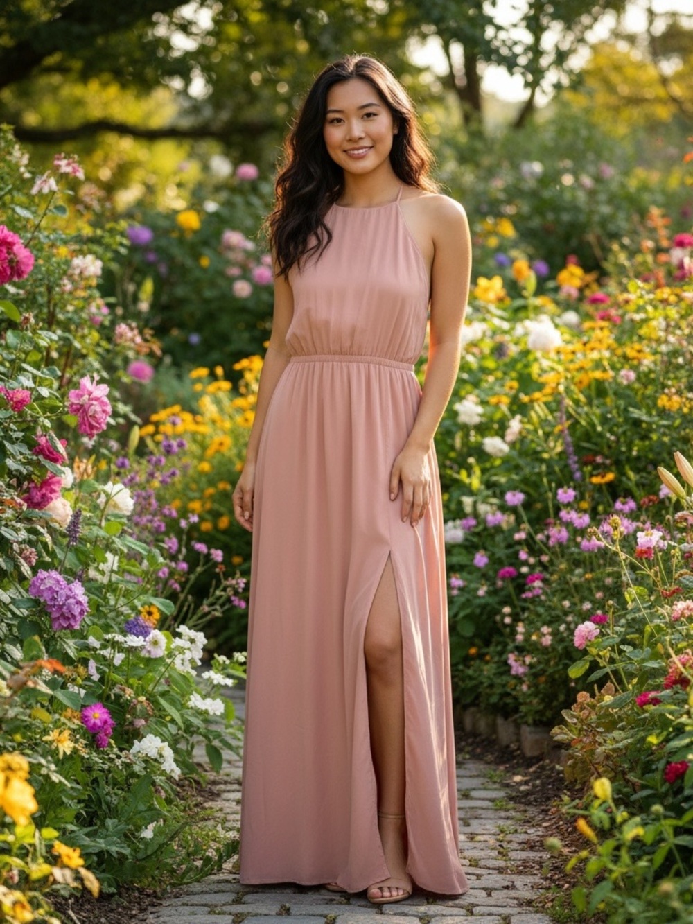 Sleeveless Blush Halter Maxi Dress with Side Slit